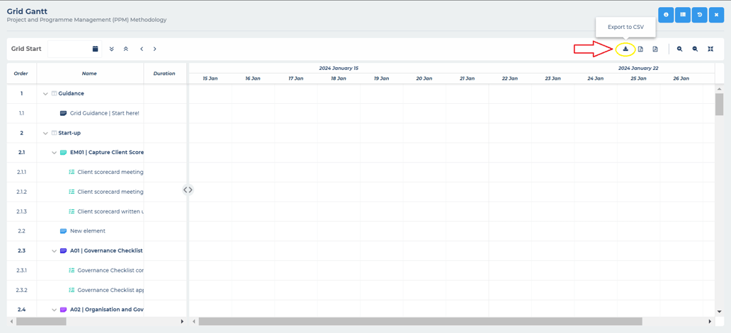 How do I export a Gantt chart to CSV or XLSX?